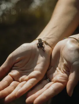 Winzige Jungkröte sitzt auf behutsam geöffneter Handfläche im Sonnenlicht – goldenes Armkettchen, alpine Naturentdeckung im eriro Sommerurlaub
