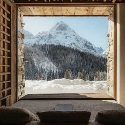 Panoramic view through large window with natural stone frame and wooden lattice onto snow-covered mountain peak and conifer forest at eriro Alpine Hide Ehrwald